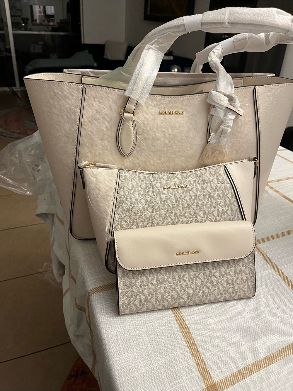 Michael Kors Large Saffiano Tote with Matching Logo Pouches in Light Beige